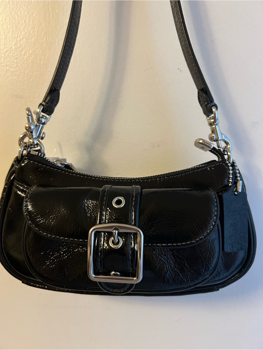 Coach Black Patent Ashton Shoulder Bag with Silver Buckle